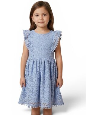 NWT 2 Bunnies Little Girls Sky Blue Sunflower Lace Pom Pom Ruffle Dress Size 5
